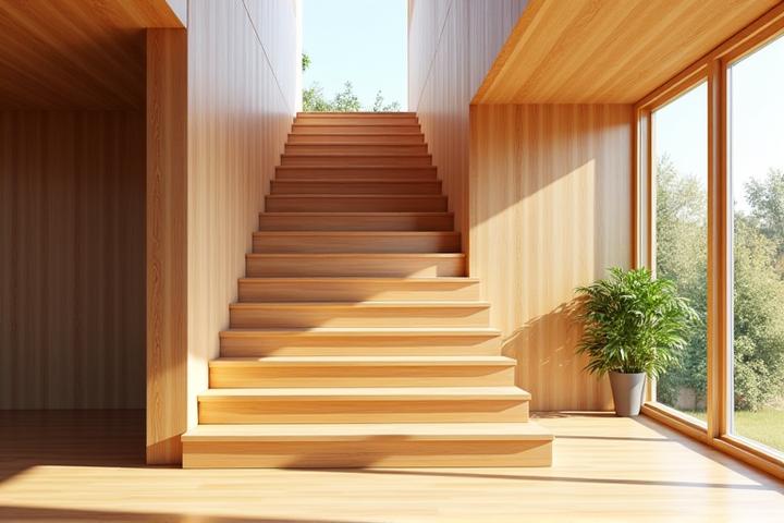 Modern eco-friendly wooden staircase with natural light, showcasing sustainable design